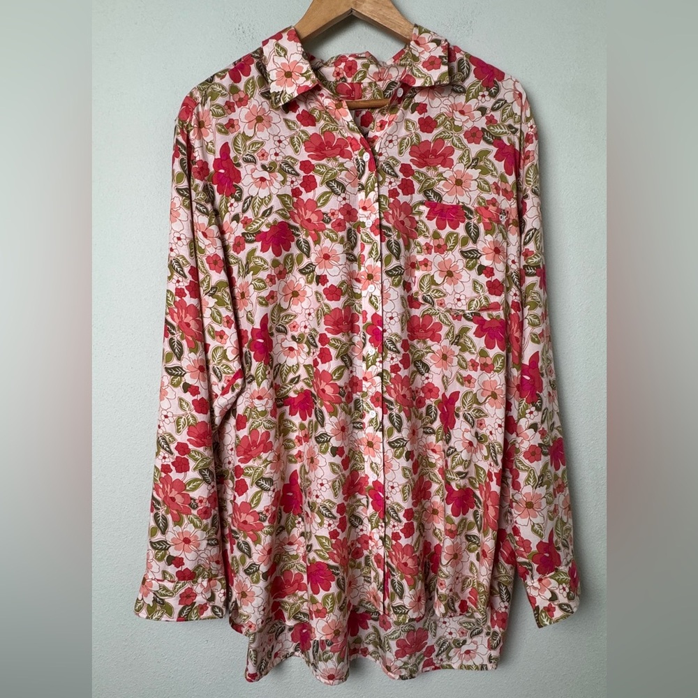 Outerknown Silk Blend Button Up Long Sleeve Shirt Floral‎ Multicolor Size Large